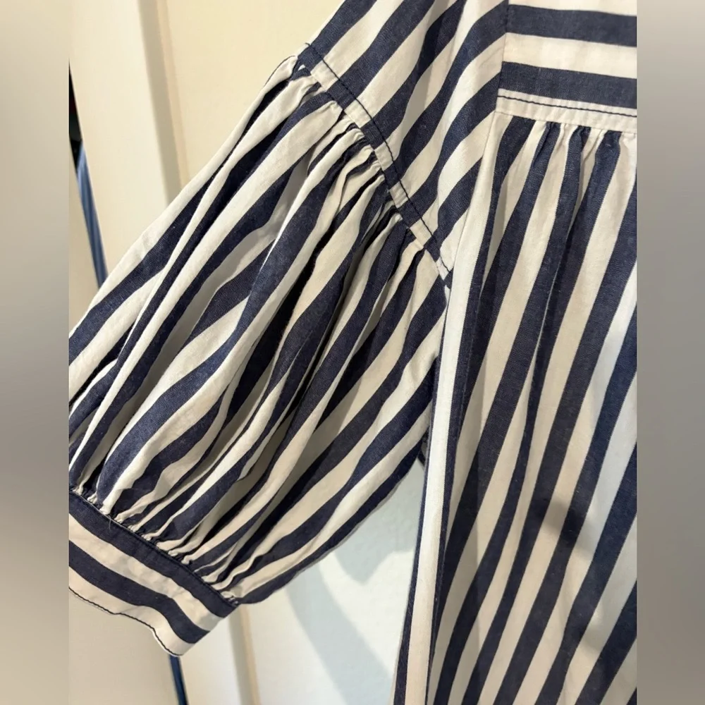 Anthropologie Blue & White Vertical Stripe V-Neck Puff Sleeve Blouse
